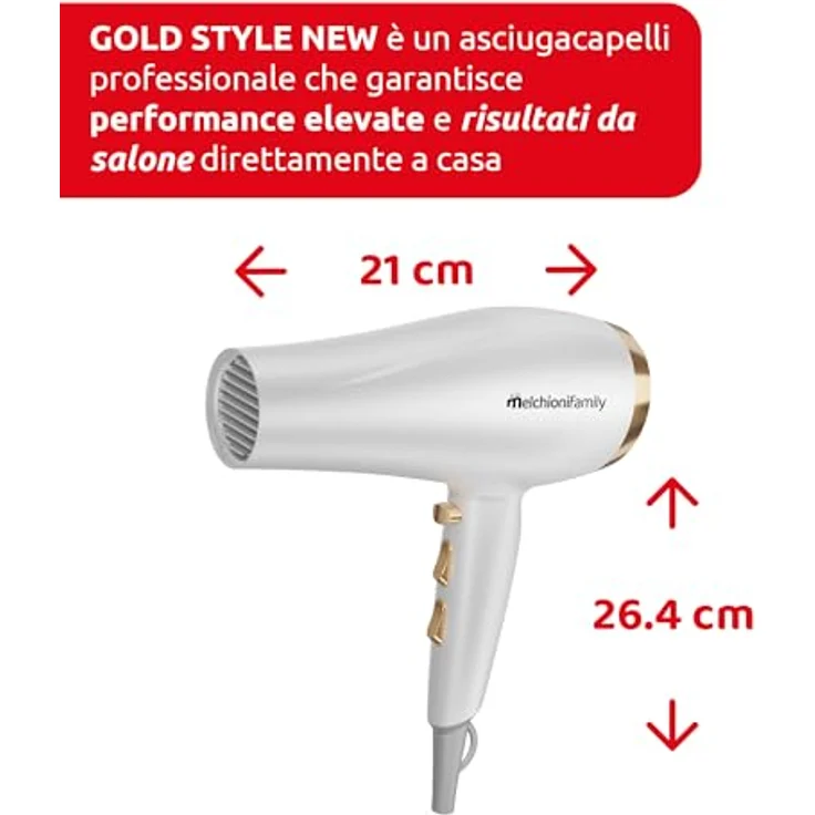 Melchioni GOLD STYLE NEW, Haartrockner 2200W mit Gleichstrommotor, 2 Geschwindigkeitsstufen, 3 Temperatureinstellungen und Kaltstufe, inkl. Konzentrator und Diffusor, Sicherheits-Autoschaltung – Bild 3