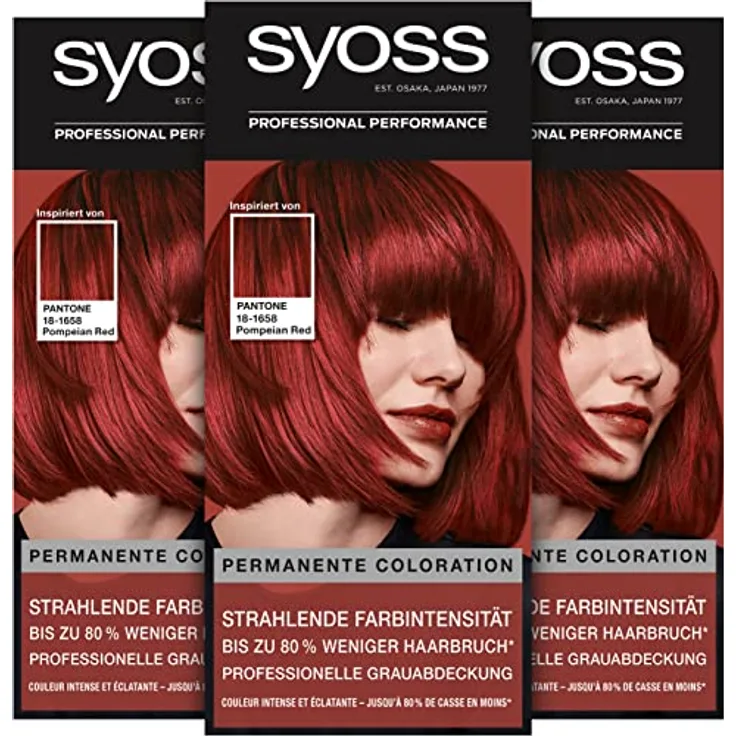 Syoss Color Coloration 5–72 Pompeian Red Pantone 18–1658 (3 x 115 ml), PANTONE-inspirierte permanente Coloration, bis zu 80 % weniger Haarbruch, professionelle Grauabdeckung