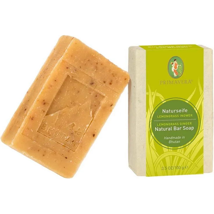 Primavera Handseife Lemongras Ingwer, natürliche Seife 100g, frisch duftend mit ätherischem Lemongrassöl und Ingwerstückchen