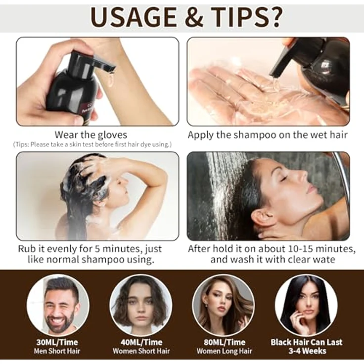 GFEUGS Haarfärbeshampoo 3 in 1, 500ML gegen graue Haare, sofortige schwarze Haarfarbe, Shampoo und Conditioner für Männer und Frauen – Bild 3