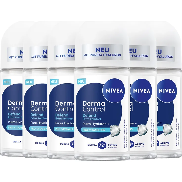 NIVEA Derma Control Defend Roll-On, 6 x 50ml, Anti-Transpirant mit Hyaluron und Pro-Vitamin B5, 72 Stunden Schutz gegen Schweiß und Geruch