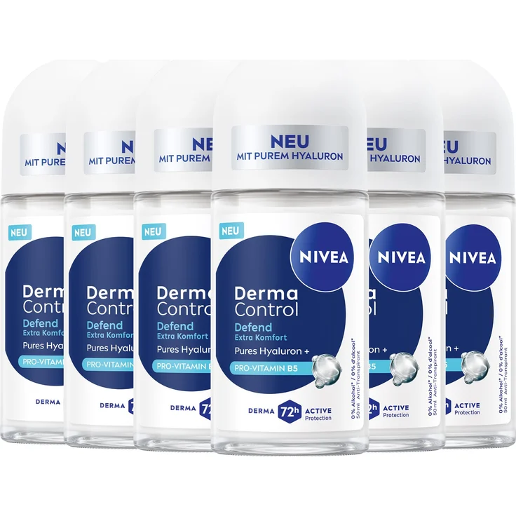NIVEA Derma Control Defend Roll-On, 6 x 50ml, Anti-Transpirant mit Hyaluron und Pro-Vitamin B5, 72 Stunden Schutz gegen Schweiß und Geruch