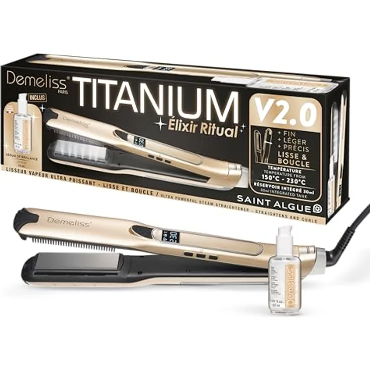 Demeliss Dampfglätter Titanium V2.0 Elixir Ritual, 5 Temperaturstufen, 30 ml Tank, abnehmbarer Kamm, Digitaldisplay, für Glätten und Locken