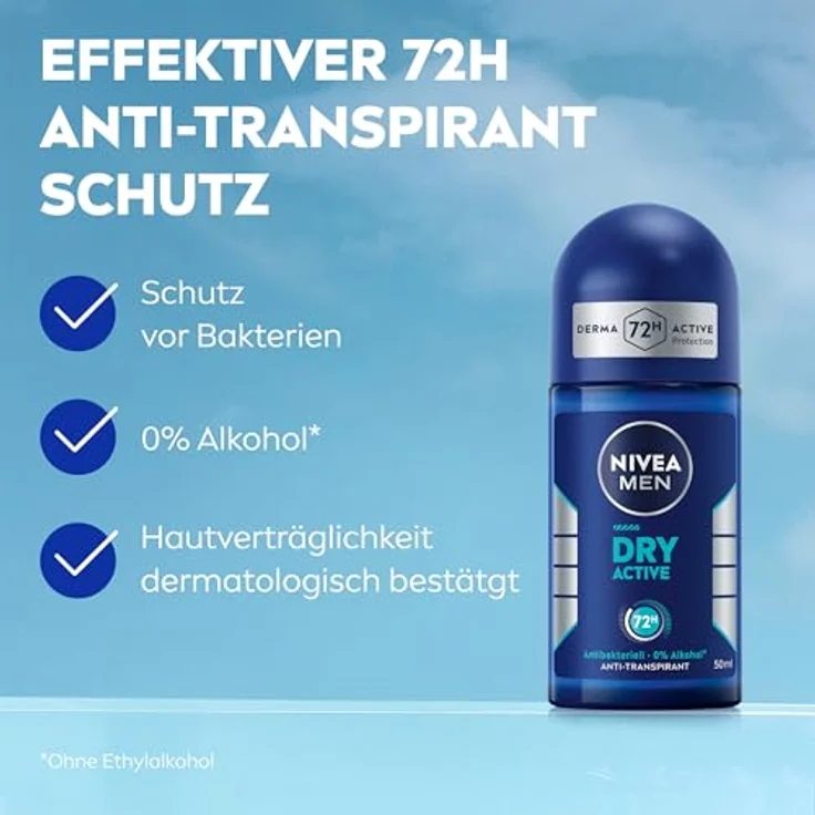 NIVEA MEN Dry Active Deo Roll-On, Antitranspirant mit 72h Aktiv-Schutz und antibakterieller Dual Active Formel (50 ml) – Bild 2