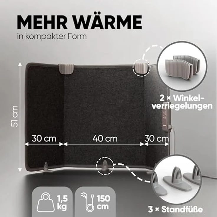 Björn&Schiller Schreibtischheizung, faltbares Heizpaneel 100×51 cm, kompakt und leicht, schnelles Aufheizen, energiesparend, Fußheizung für Zuhause und Büro – Bild 2