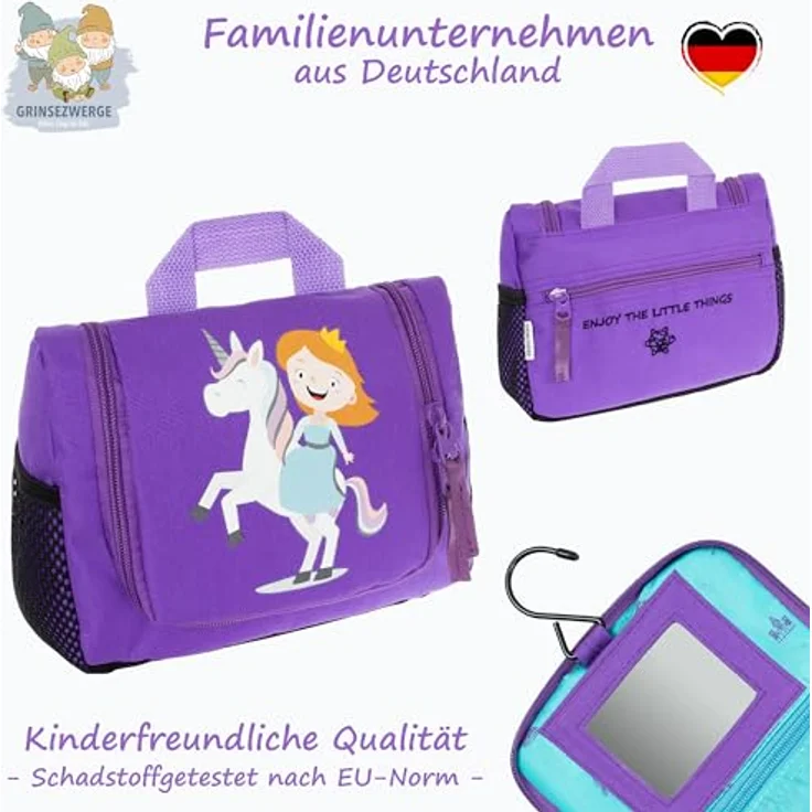 GRINSEZWERGE Kinder Kulturtasche, Reise Kulturbeutel zum Aufhängen mit großem Hauptfach, 7 Fächern, abnehmbarem Spiegel und Namensschild – Bild 5