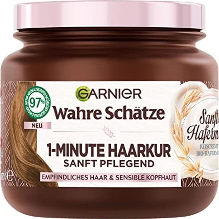 Wahre Schätze Feuchtigkeitsspendende 1-Minute Haarkur für sensible Kopfhaut, Mit Reiscreme und Bio-Hafermilch für ein angenehmes Haarerlebnis, Vegane Formel, 1 x 340 ml – Bild 1