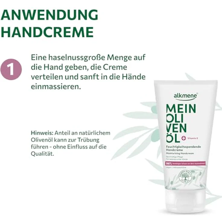 Alkmene Handcreme für sehr trockene Hände, 75 ml - 96% Schutz vor Austrocknen, feuchtigkeitsspendend mit Olivenöl und Vitamin E, vegan, dermatologisch getestet – Bild 4