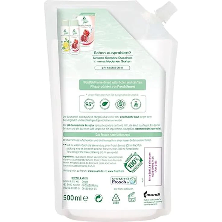 FROSCH Senses Flüssigseife Mandelmilch, 500 ml Nachfüllpack, vegan, ph-neutral, ohne Mikroplastik und tierische Inhaltsstoffe, Farbe: weiß – Bild 2