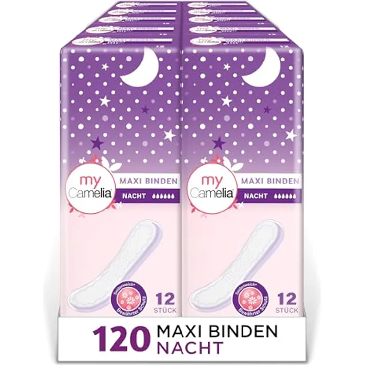 Camelia Maxi Binden Nacht, Hohe Saugfähigkeit für zuverlässigen Schutz, 120 Stück in 10 Packungen