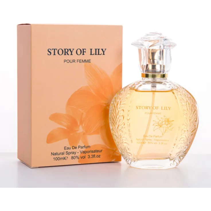 Markenlos Damen Parfum Story of Lily, blumiger Duft nach Lilie, 100ml Flasche mit elegantem Design in Orange