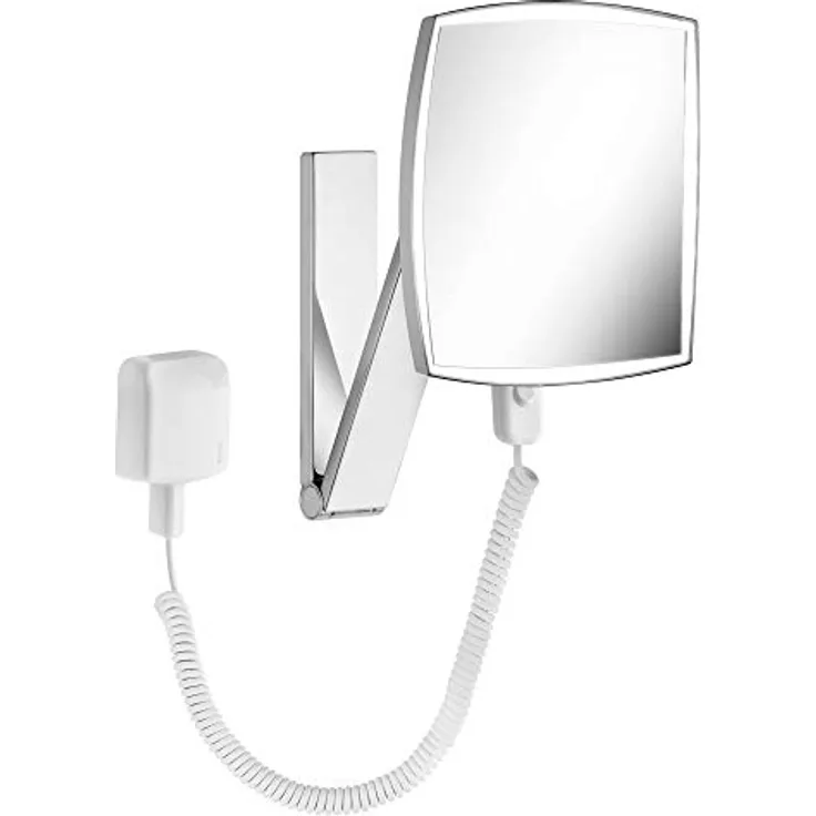 KEUCO Wand-Kosmetikspiegel mit Schwenkarm, LED-Beleuchtung, 5-facher Vergrößerung, Stecker-Transformator, 20x20cm, eckig, chrom, iLook_move