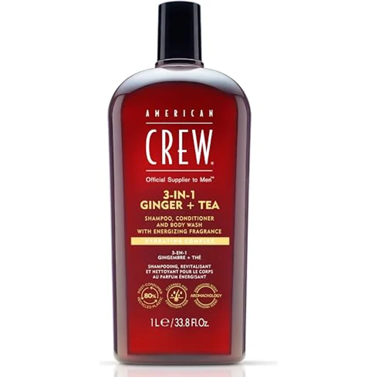 American Crew 3-in-1 Ginger & Tea Shampoo, Conditioner & Body Wash, 1000ml, Pflegeshampoo und Duschgel für Männer, Energie und Feuchtigkeit spendend, mit Ingwer & Tee Duft – Bild 1