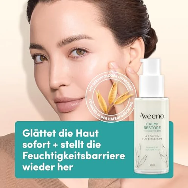 Aveeno CALM+RESTORE 3-faches Hafer Serum (30 ml), beruhigend & feuchtigkeitsspendend, parfümfrei, für empfindliche Haut, mit Mutterkraut und 3-fachem Haferkomplex – Bild 2