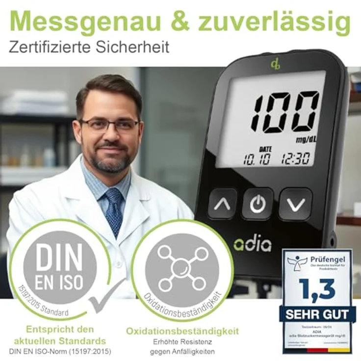 adia Blutzuckermessgerät mit 60 Teststreifen, 10 Lanzetten, Stechhilfe und Etui - genaue Messwerte in mg/dL, einfach zu bedienen, schmerzfreies Stechen – Bild 5