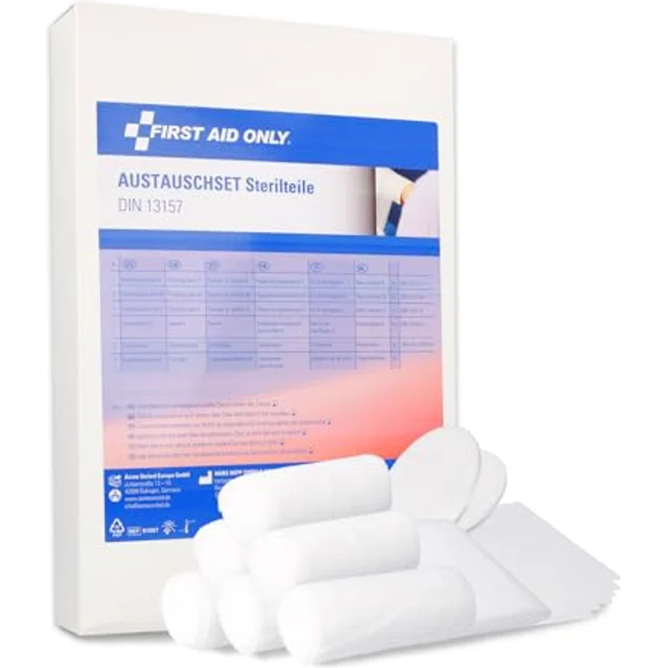 First Aid Only Austauschset Sterilteile für DIN 13157:2021, sterile Verbandmaterialien für Betrieb und Büro, sofort einsatzbereit, P-91311 00 – Bild 1