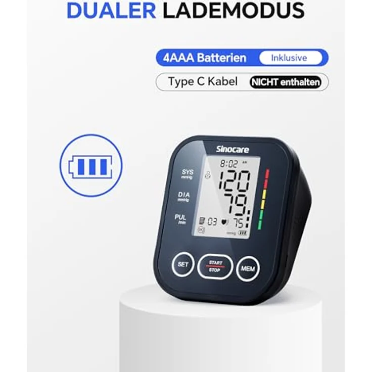 Sinocare Blutdruckmessgerät Oberarm ARM-30E+, Klinisch Validiert, 2 Nutzerprofile mit 2x99 Speicher, Ein-Knopf-Bedienung, XL-Manschette (22-42 cm), Arrhythmia Detection – Bild 5