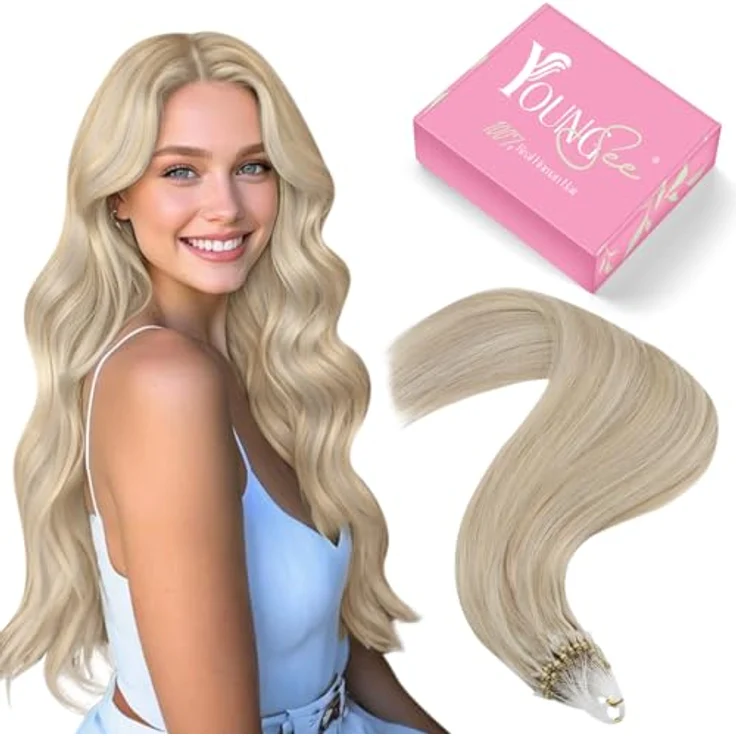 YoungSee Micro Ring Extensions Echthaar Blond 60cm, unsichtbar und schonend mit Kaltfusion-Methode – Bild 1