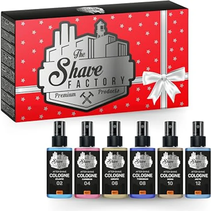 The Shave Factory Luxus Aftershave-Kölnischwasser Geschenkset Set 2, 6 x 50ml, mit beruhigenden und erfrischenden Noten, elegante Geschenkbox