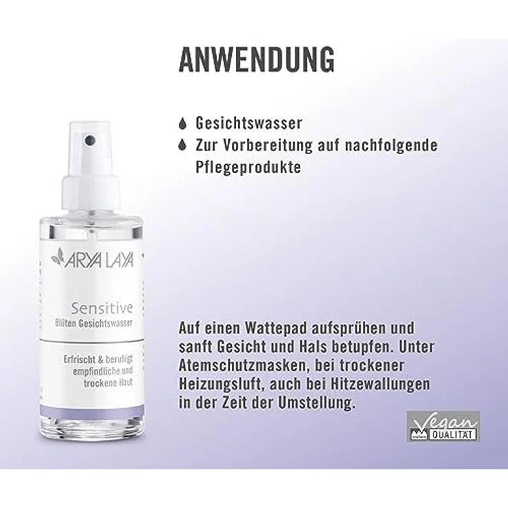 ARYA LAYA Sensitive Blüten Gesichtswasser: alkoholfreies Tonic, erfrischt und beruhigt empfindliche & trockene Haut, verfeinert die Poren, zur Vorbereitung auf nachfolgende Pflege, 100 ml – Bild 3