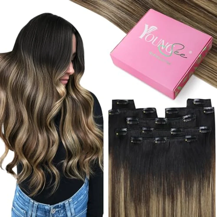YoungSee Clip-in Extensions Echthaar 80g, Schwarz Balayage 1B/4/27, Remy Haarverlängerung mit Silikon-Clips, hitzebeständig und pflegeleicht – Bild 1