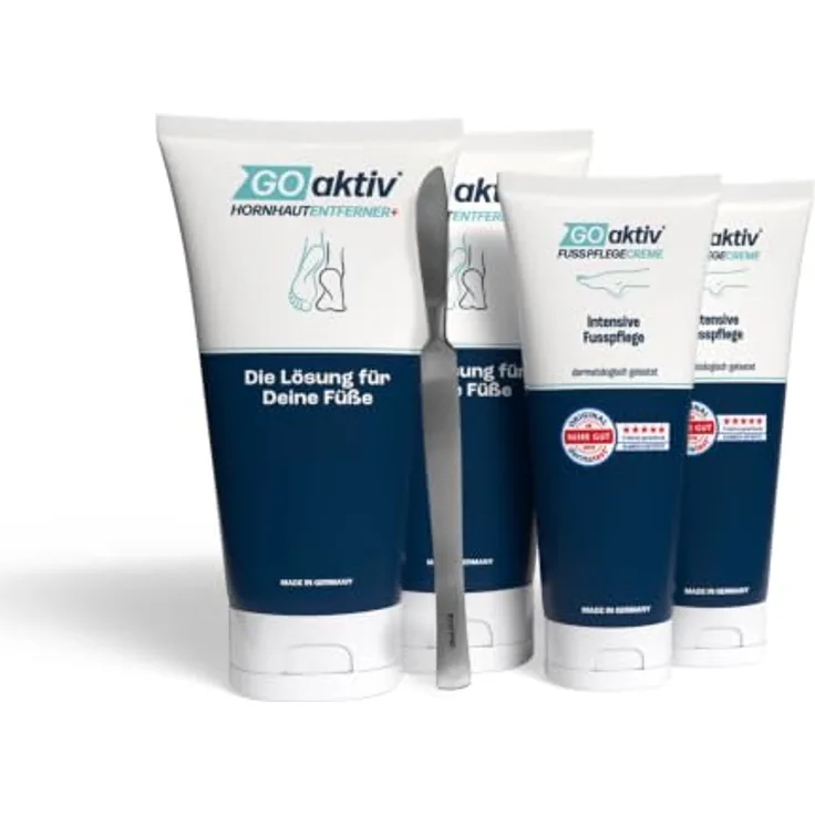 GOaktiv® Komfort Hornhautentferner Set, Gel 2x 200ml, Fußpflegecreme 2x 100ml, enthalten Hornhautschaber, dermatologisch , Made in Germany