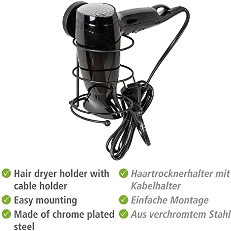 Wenko Fönhalter 'Milazzo', praktischer Fön-Halter aus schwarz-matt lackiertem Stahl mit Vacuum-Loc®-Befestigungssystem ohne Bohren, 11,5 x 17,5 x 14,5 cm – Bild 5