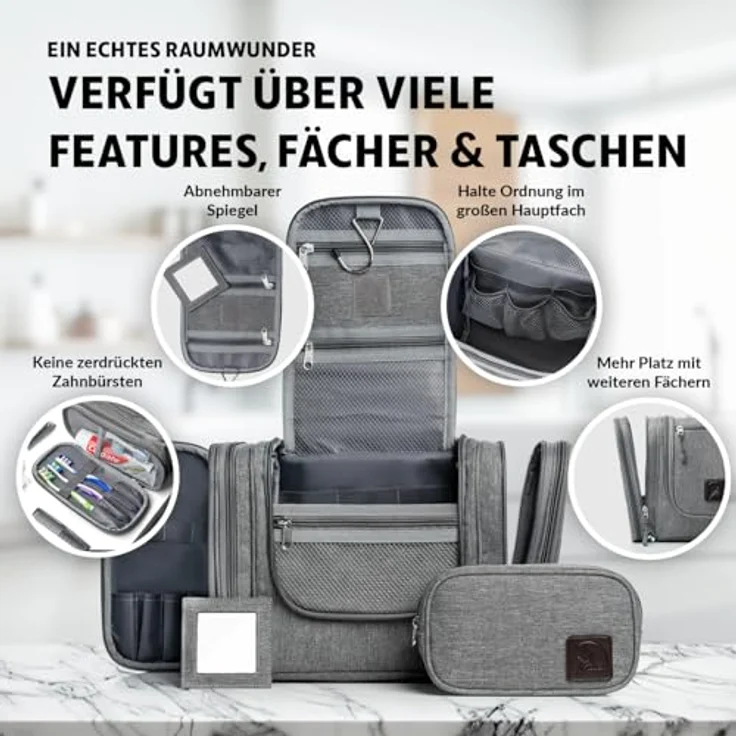 Obics Kulturbeutel Herren & Damen Gross grau 8L XXL - Kulturtasche zum Aufhängen & mit Spiegel - Toiletten-Tasche mit Henkel hängend - Kosmetik-Beutel - Waschtasche 10 Fächer für Camping Reisen – Bild 2