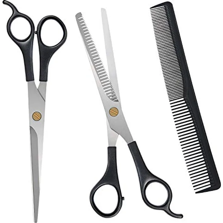 URAQT Haarschere Set, 2 Professionelle Scheren mit Effilierer und Kamm, Ergonomisches Design, Edelstahl, Schwarz
