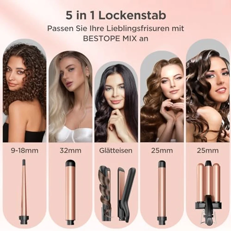 BESTOPE MIX Lockenstab Hair Curler 5 in 1, antistatisches Keramik Welleneisen mit 3 Fässern, einstellbarer Temperatur bis 210°C, schnelle Erwärmung, rose gold – Bild 2