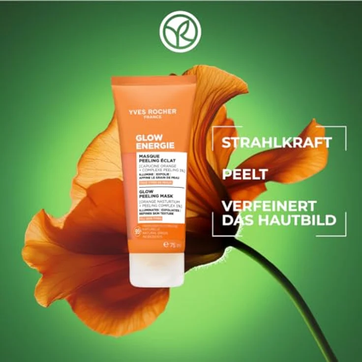 Yves Rocher Glow Énergie Peeling Maske, 75 ml – Verleiht Strahlkraft in 10 Minuten – Mit Kapuzinerkresse & 5 % AHA Peeling-Komplex – Für alle Hauttypen – 95 % natürliche Inhaltsstoffe – Bild 2