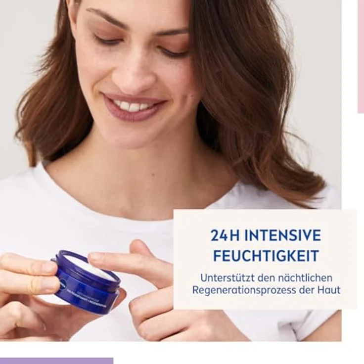 NIVEA Gute Nacht Pflege 24h Feuchtigkeit + Regeneration (50 ml), leichte Nachtpflege für intensive Feuchtigkeit, Nachtcreme mit Vitamin E, Provitamin B5 und Wasserlilienextrakt, Gesichtscreme mit veganer Formel, 0% Mikroplastik, recyclebarer Tiegel – Bild 3