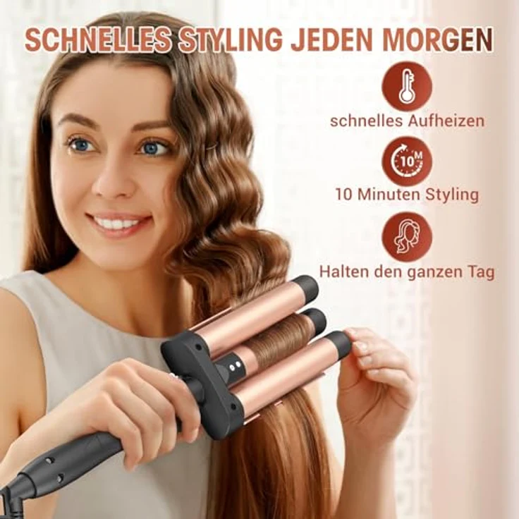 BESTOPE PRO Lockenstab 3 Fässer, Beach Waves Welleneisen mit einstellbarer Temperatur und PTC Schnellheizung, für alle Haartypen, Roségold – Bild 3