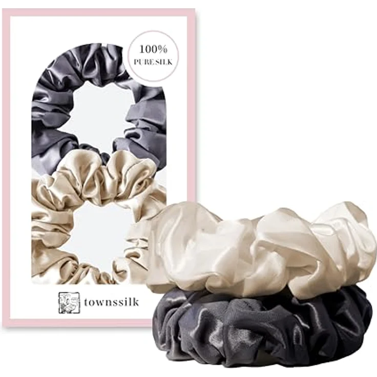 townssilk Seiden Scrunchie 2er-Set, 100% Maulbeerseide 6A/22 Momme, haarschonend & voluminös, OEKO-TEX® zertifiziert, elastisch ohne Abdrücke, coffee & Darkgrey – Bild 1