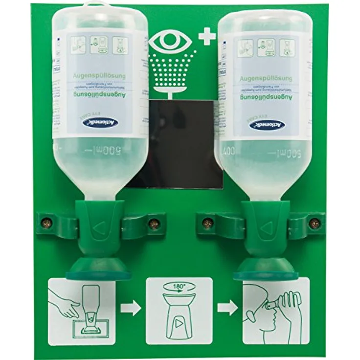 HYGOSTAR Augenspülstation Double 50012, Wandmontage mit 2x 500 ml Natriumchloridlösung, grün Kunststoff