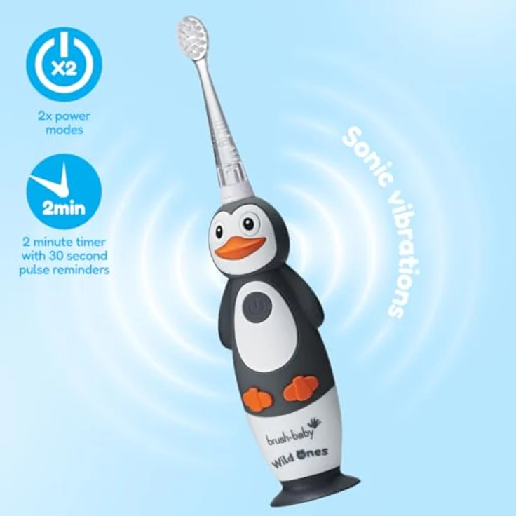 Brush Baby WildOnes WildOne, elektrische Zahnbürste für Kinder mit Schalltechnologie und 2 Ersatzaufsätzen, Penguin Design – Bild 5