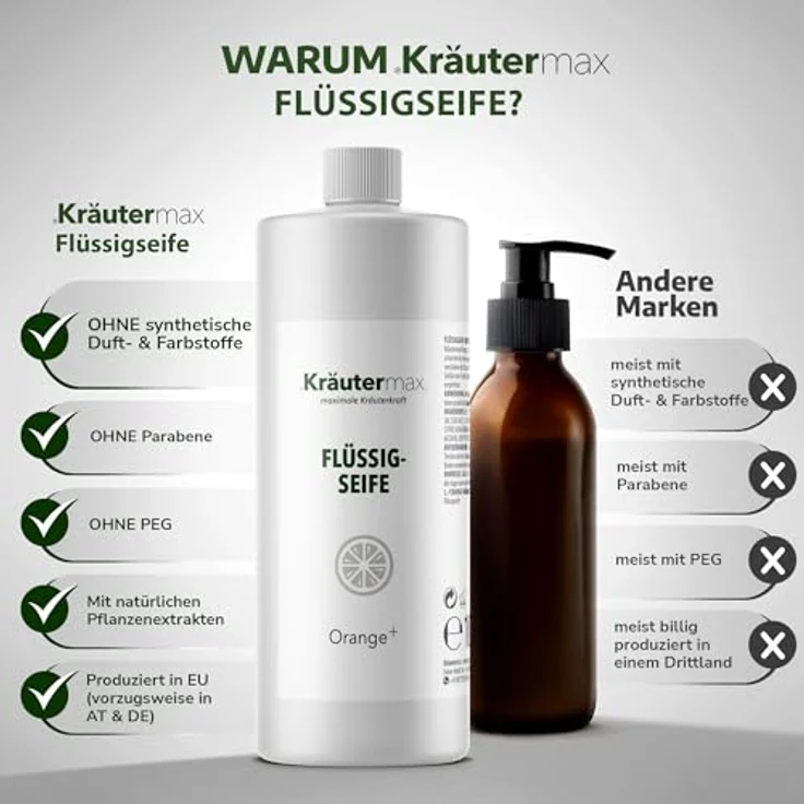 Orange Flüssigseife Seife mit Orangenöl Naturrein für die Haut Kosmetik 1 x 1000 ml – Bild 3