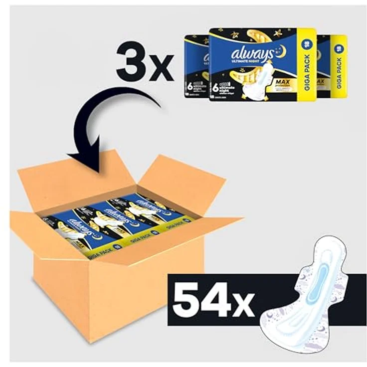 Always Ultimate Night Damenbinden (Größe 6) mit Flügeln, 54 Stück, super saugfähig, LeakGuard-Technologie, ComfortFit-System – Bild 2