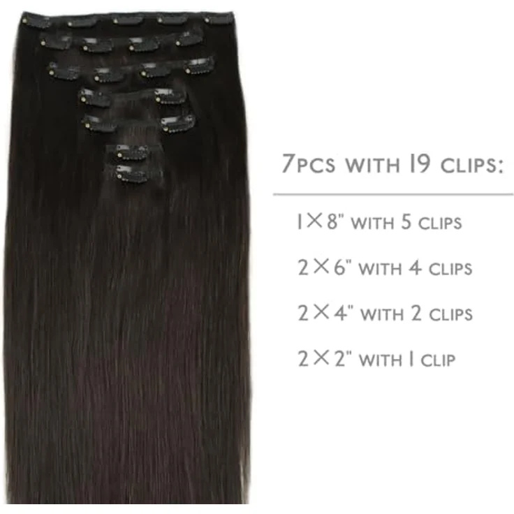 WENNALIFE Clip in Extensions, Echthaar 50cm 120g, 7pcs Dunkel Braun Haarverlängerungen mit silikonverstärkten Clips – Bild 2