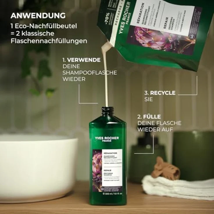 Yves Rocher Reparierendes Shampoo für geschädigtes Haar, 79x stärkere Haarstruktur, ohne Sulfate und Silikone, mit Cynara und pflanzlichem Keratin, 600 ml Refill – Bild 3