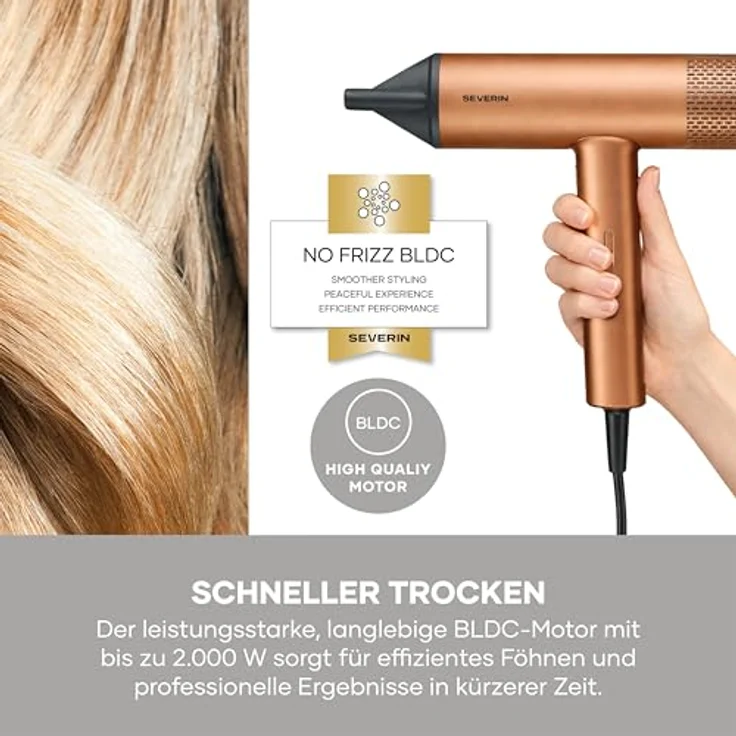 Severin HT 0172 Haartrockner, Ionen-Föhn mit Anti-Frizz, 2000W, 3 Temperatur- und Leistungsstufen, inkl. Konzentrator und Diffusor, bronze-schwarz – Bild 4