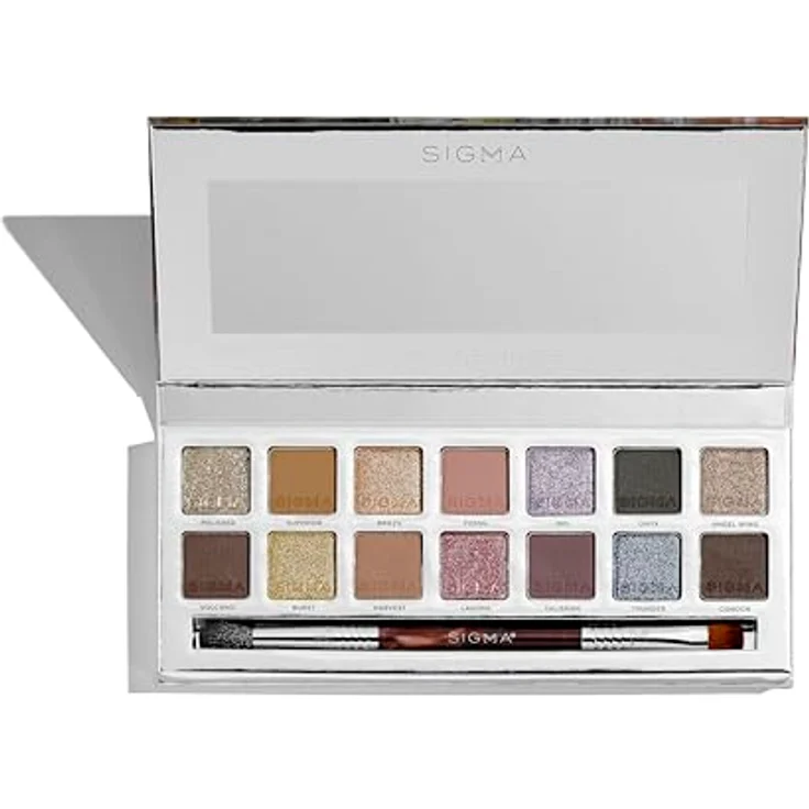 Sigma Beauty Cool Neutrals Lidschatten-Palette, 14 kühl getönte Farben mit doppeltem Pinsel und Spiegel im Set – Bild 2