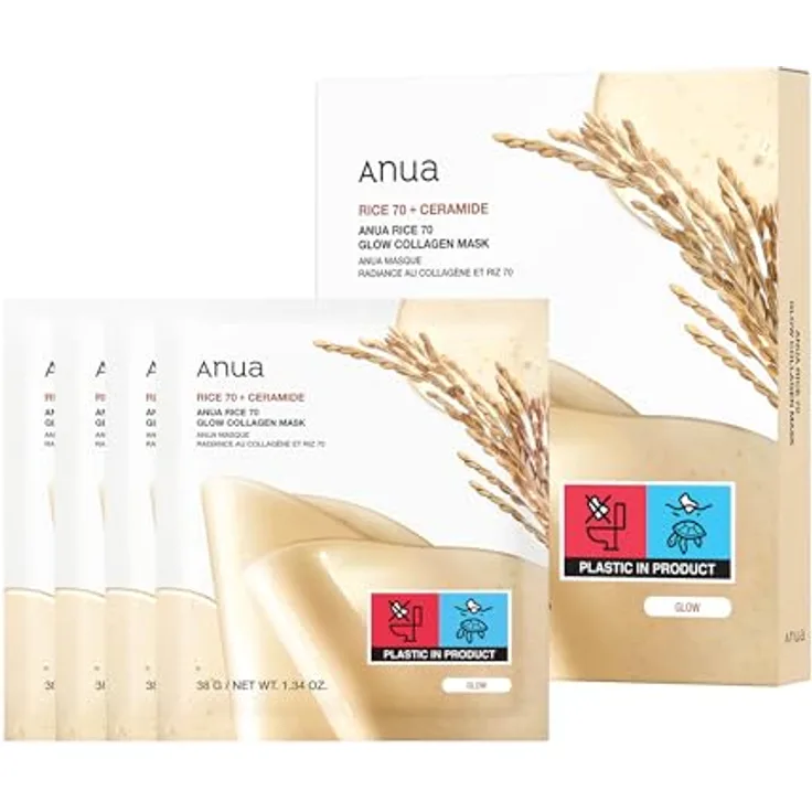 ANUA Rice 70 Glow Kollagenmaske, Übernachtungs-Gesichtsmaske mit niedermolekularem Kollagen, Ceramid, Hydrogel und straffender Pflege, 38 g