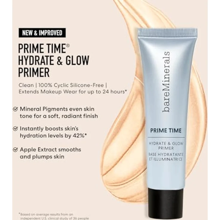 bareMinerals Prime Time Hydrate & Glow Primer, ultraleichtes Serum mit intensiver Feuchtigkeitsversorgung und mineralischen Pigmenten, 30 ml BLANC – Bild 5
