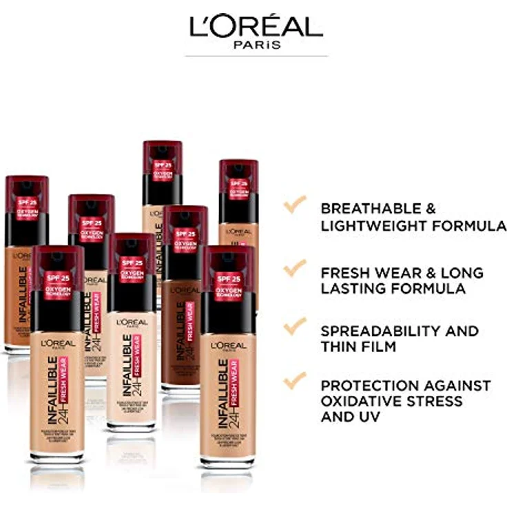 L'Oréal Paris Make up, Wasserfest und langanhaltend, Flüssige Foundation mit LSF 25, Infaillible 32H Fresh Wear Make-up, Nr. 375 Deep Amber, 30 ml – Bild 4