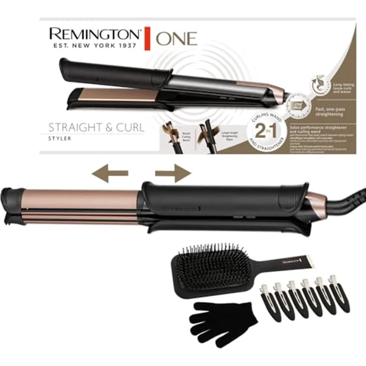 Remington ONE S6078, 2in1 Glätteisen & Lockenstab mit beheizter Außenfläche, digitales Display 150-230°C, inkl. Bürste, Klammern, Handschuh und Aufbewahrungstasche – Bild 1