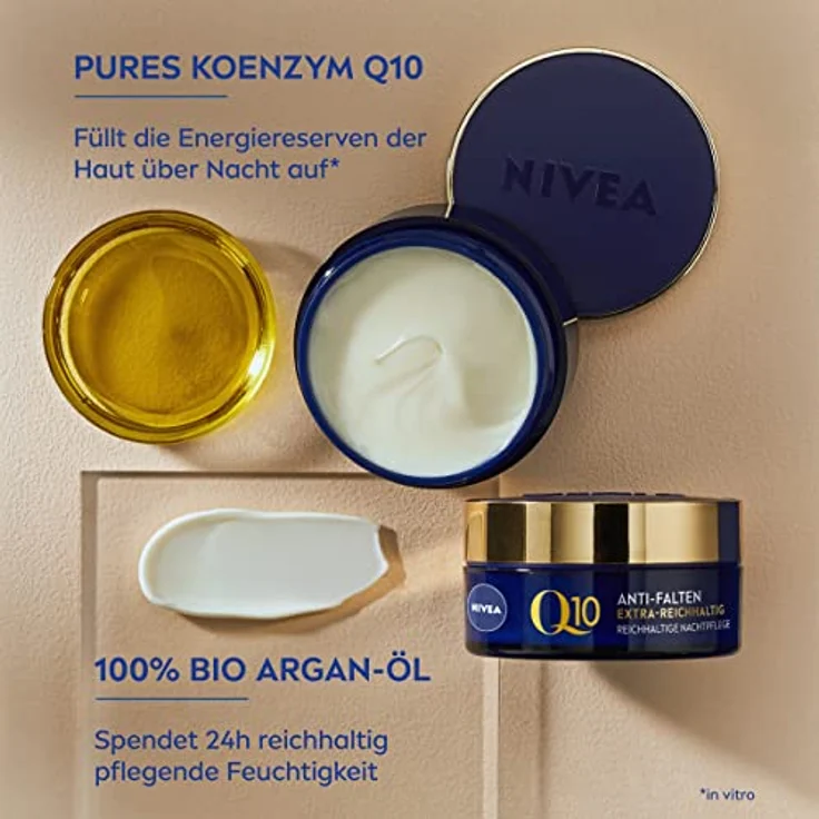 NIVEA Q10 Anti-Falten Nachtpflege, Nachtcreme für trockene Haut mit Coenzym Q10 und Bio Argan-Öl, feuchtigkeitsspendende Anti-Falten Gesichtspflege, Q10 Power Extra-Reichhaltige Nachtpflege, (50 ml) – Bild 3