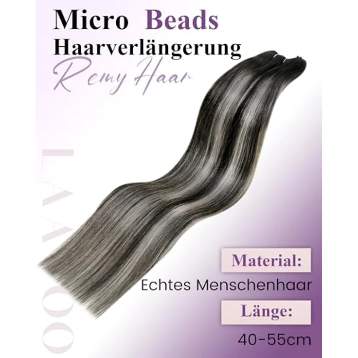 LaaVoo Microweft Extensions Echthaar Balayage Schwarz, EZE Weft 50g, Ombre Silber, 12" Width, 45cm – Bild 5