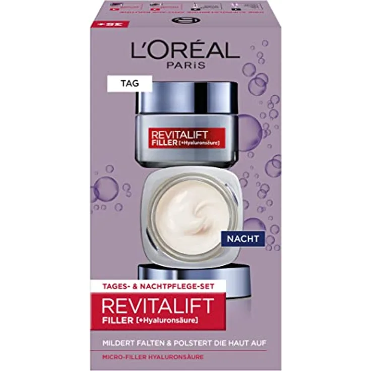 L'Oréal Paris Revitalift Filler Gesichtspflege Set, Anti-Aging Hyaluron Tagespflege und Nachtpflege gegen Falten, mit Micro-Filler Hyaluronsäure, 2 x 50 ml