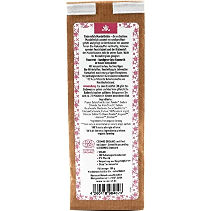 Rosenrot Naturkosmetik Bademilch Mandelblüte mit Bio-Mandelmilch & Hibiskus, vegan, 100% biologisch abbaubar, zarter Mandelblütenduft, umweltfreundliche Verpackung – Bild 2